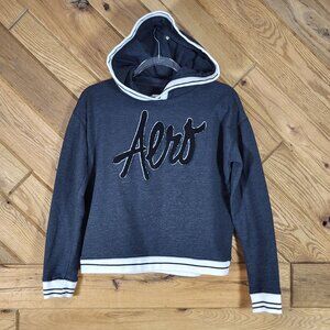Aeropostale Womens Hoodie Sweatshirt Size M Dark Gray White Stripe Trim